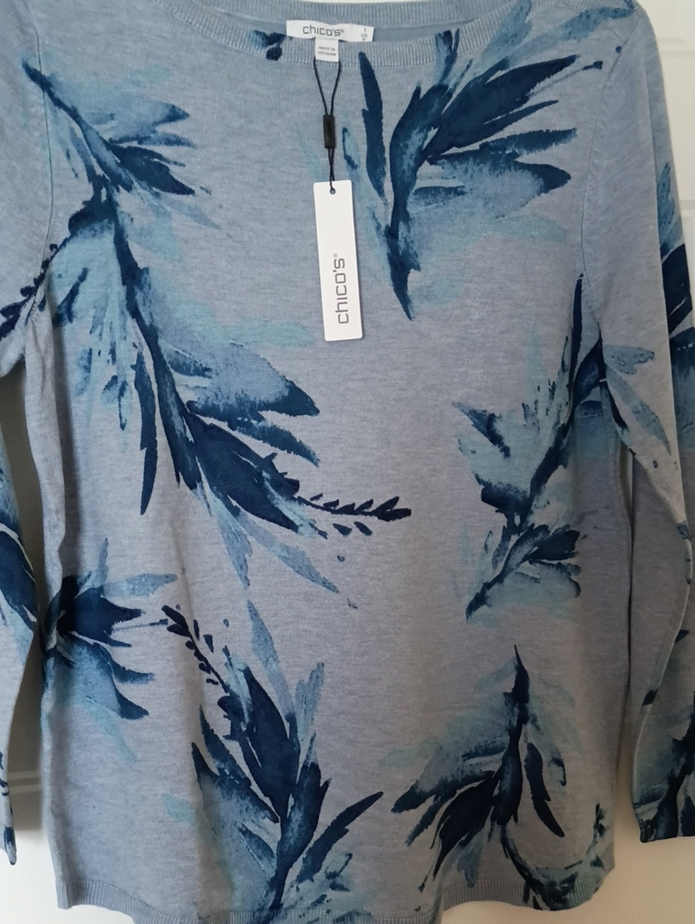 Chico's Light Blue Crewneck Sweater with Navy Botanical Print - NWT